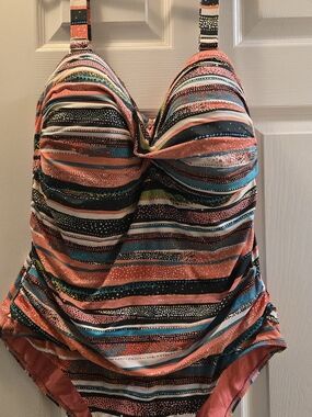 Anne Cole Striped One-Piece Swimsuit in Coral, Black, Teal, White